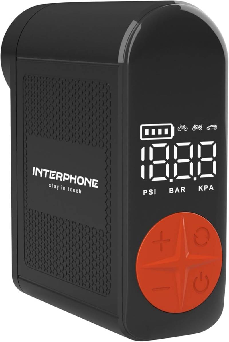 INTERPHONE Tragbarer Kompressor, wiederaufladbar, für Motorrad, Auto, Fahrrad, Reifenfüller – Powerbank, bis zu 4 Reifen – 4 Minuten Gummi – LED-Licht – Druckanzeige von Interphone