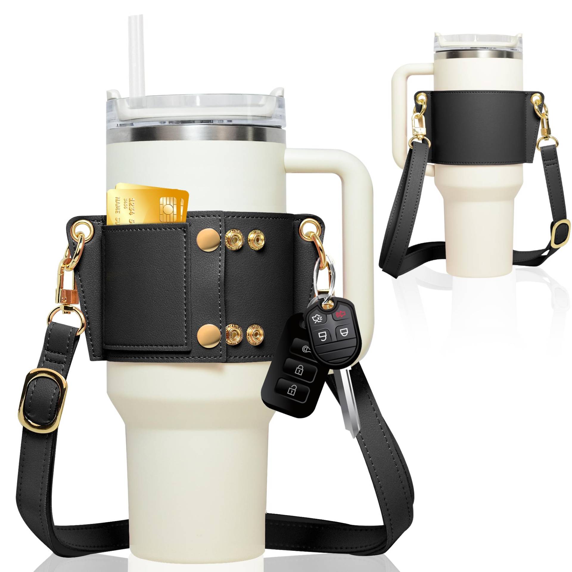 Itscolofy Wasserflaschenhalter - Tragegurt für Stanley 1,2 l & 850 ml Becher mit Griff, für Stanley Cup Zubehör, verstellbarer Riemen, Kreditkartenhalter, Schlüsselanhänger, Strohhalmabdeckung von Itscolofy