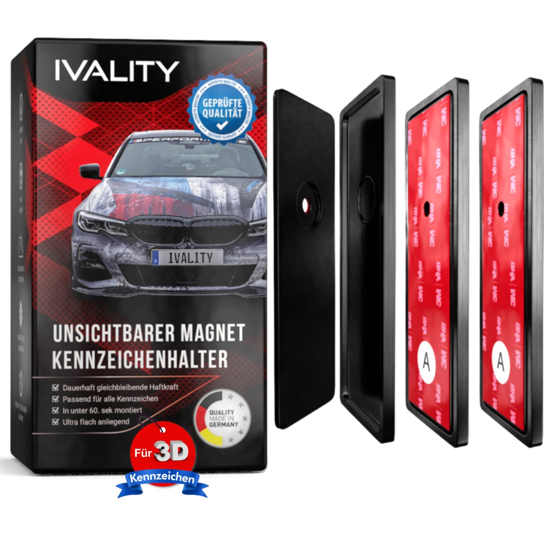 IVALITY® 1x Magnetischer Kennzeichen-Halter - Rahmenloser Magnet-Halter für 1x 3D-Kennzeichen - Nummernschild-Halterung - Wechselkennzeichen Auto-Zubehör von Ivality