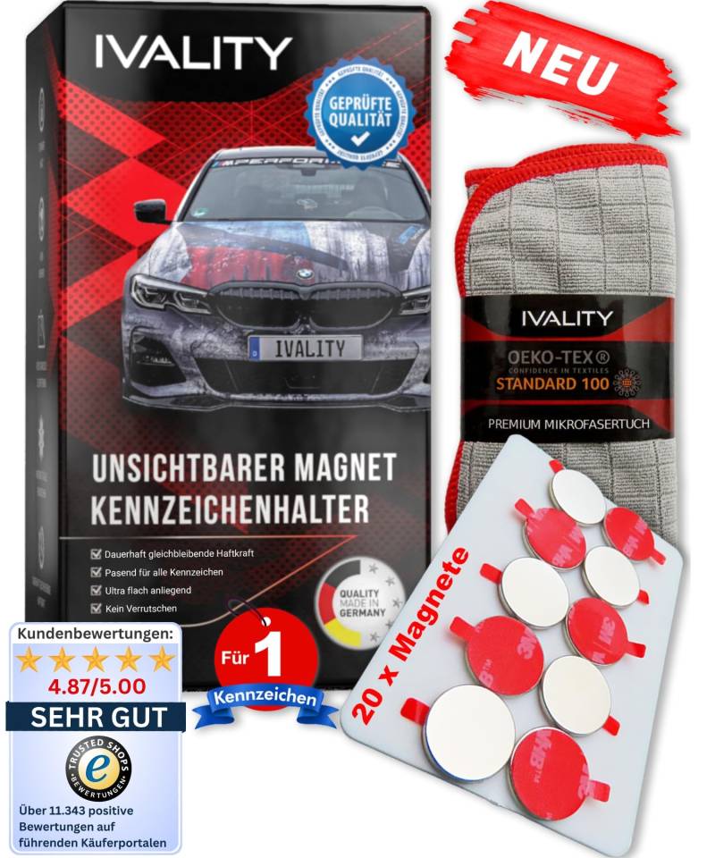 IVALITY® 100% Clean | Magnet Kennzeichenhalter hinter der Stoßstange für 1 Kennzeichen | Rahmenlose Magnetische Nummernschildhalterung Auto | Kennzeichenhalterung Nummernschildhalter von Ivality