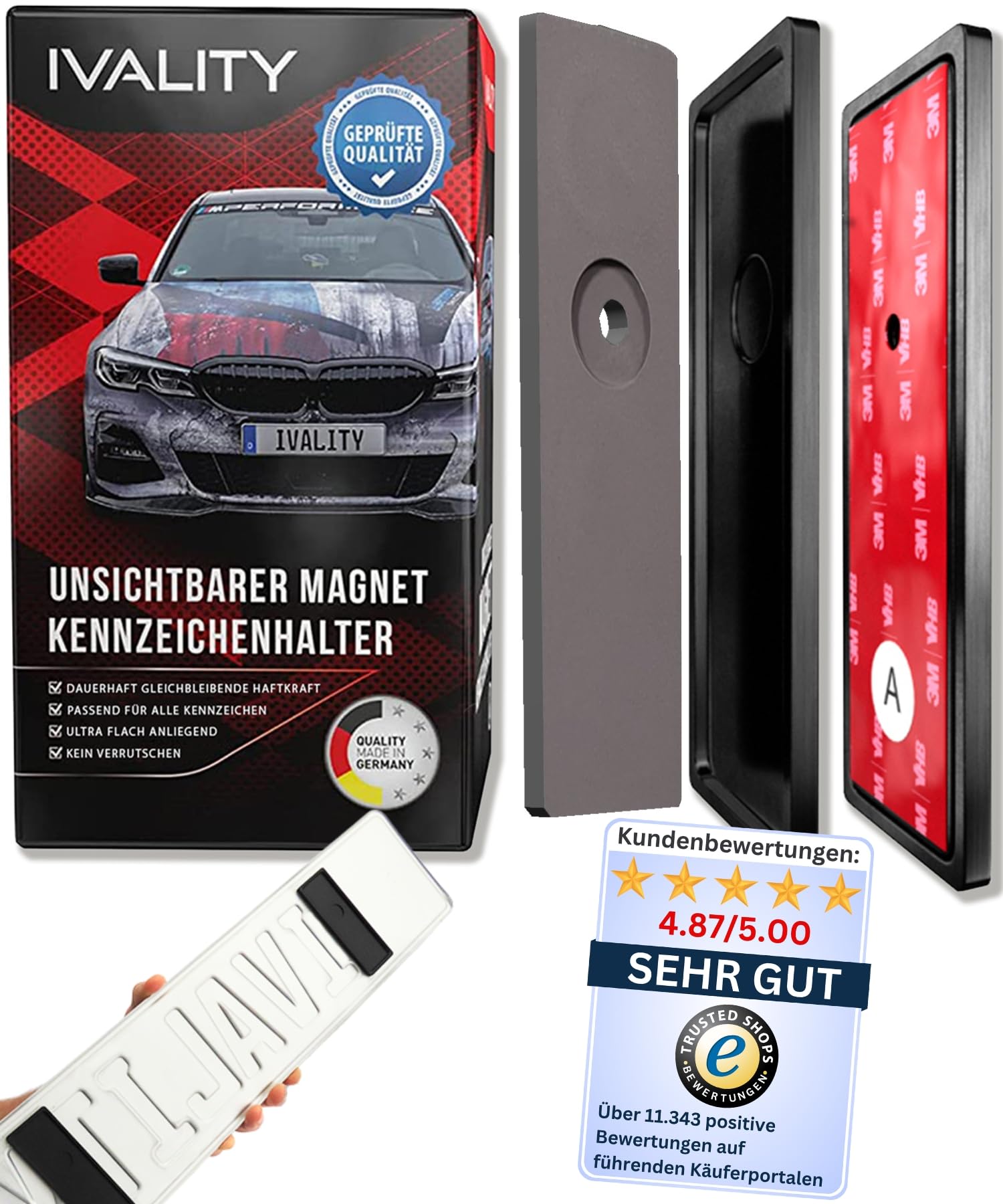 IVALITY® Magnet Kennzeichenhalter Rahmenlos für 1 Kennzeichen | Magnetische Nummernschildhalterung Auto | Kennzeichenhalterung Nummernschildhalter | Österreich Wechselkennzeichen von Ivality