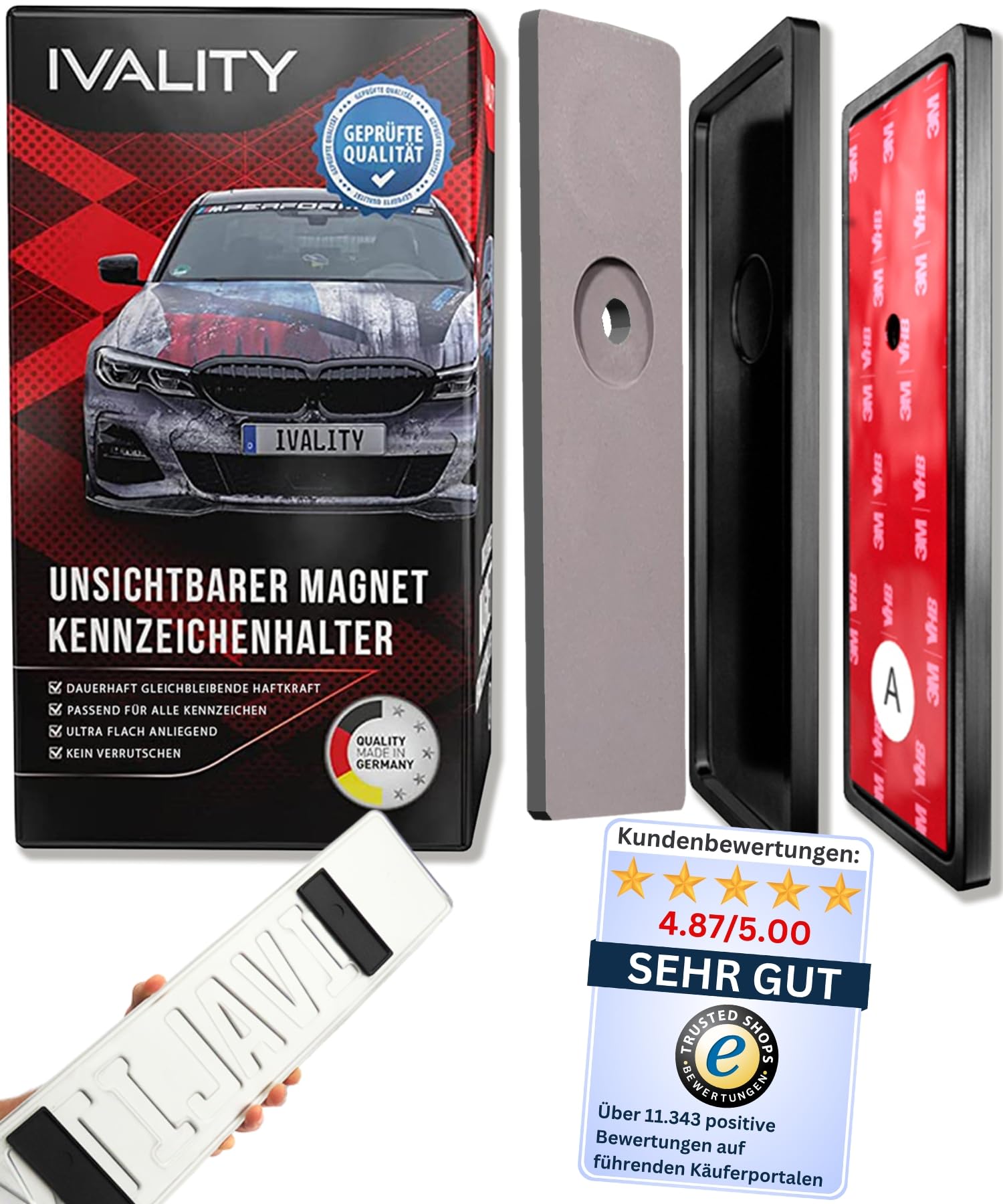 IVALITY® Magnet Kennzeichenhalter Rahmenlos für 1 Kennzeichen | Magnetische Nummernschildhalterung Auto | Kennzeichenhalterung Nummernschildhalter | Österreich Wechselkennzeichen von Ivality