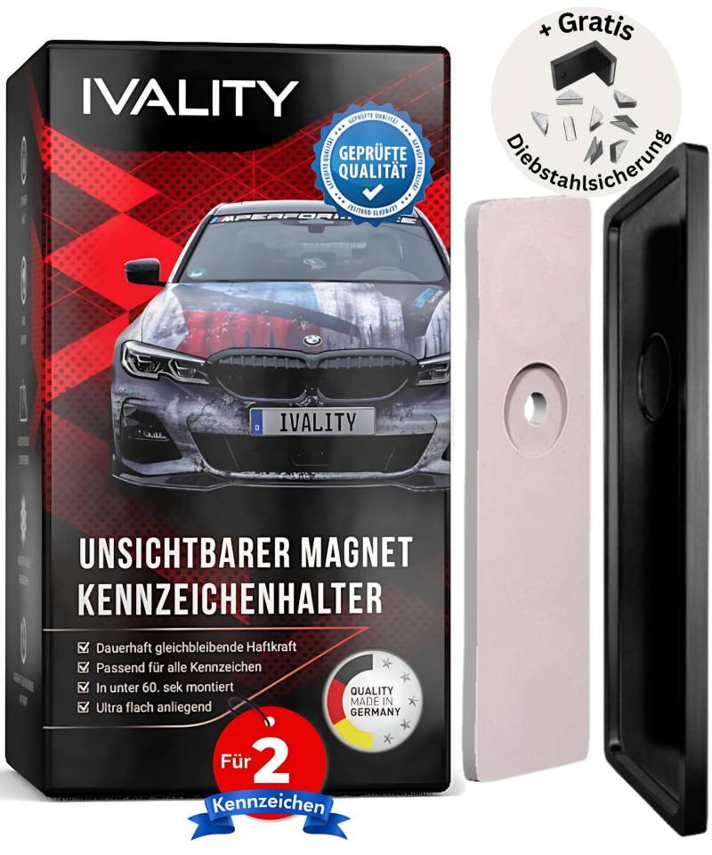 IVALITY® Magnet Kennzeichenhalter Rahmenlos für 1 Kennzeichen - Magnetische Nummernschildhalterung Auto - Kennzeichenhalterung Nummernschildhalter von Ivality