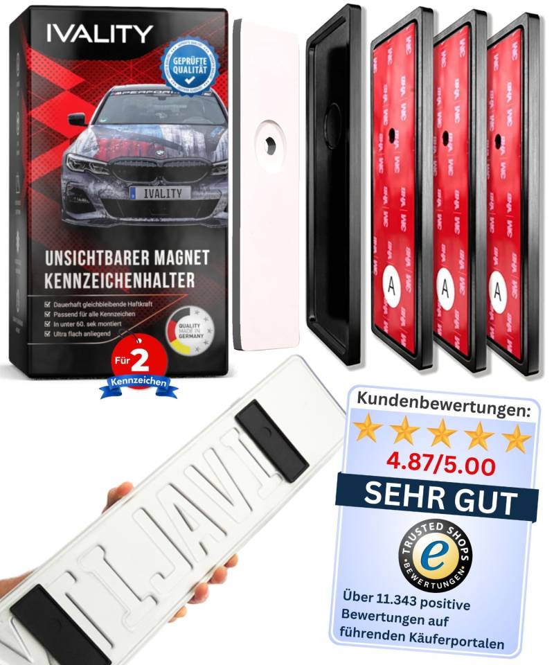 IVALITY® Magnet Kennzeichenhalter Rahmenlos für 2 Kennzeichen | Magnetische Nummernschildhalterung Auto | Kennzeichenhalterung Nummernschildhalter | Österreich Wechselkennzeichen von Ivality