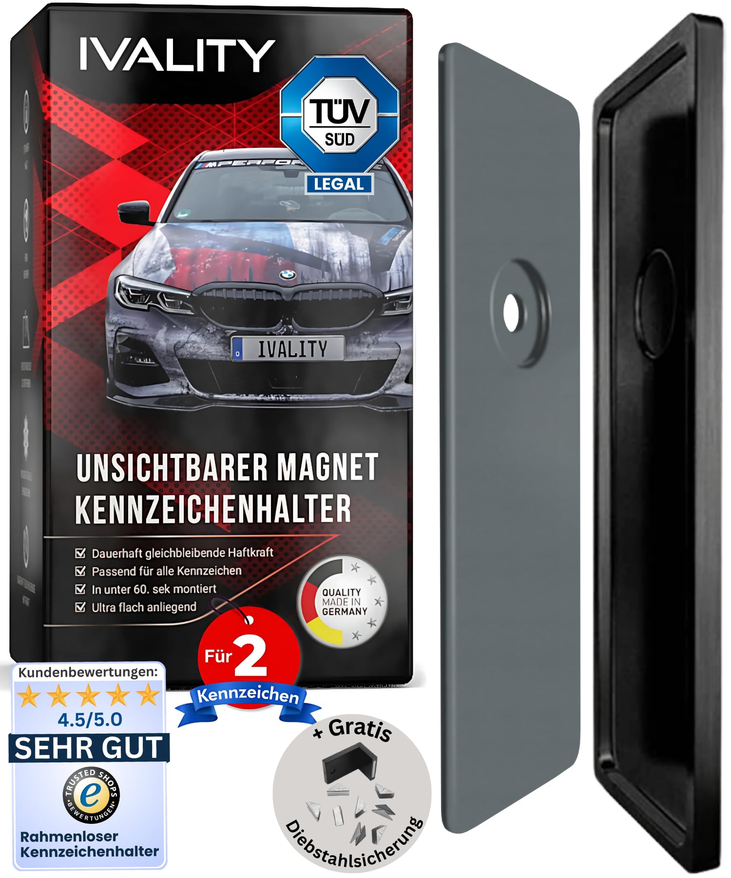 IVALITY® Magnet Kennzeichenhalter Rahmenlos für 2 Kennzeichen | Magnetische Nummernschildhalterung Auto | Kennzeichenhalterung Nummernschildhalter | Österreich Wechselkennzeichen von Ivality