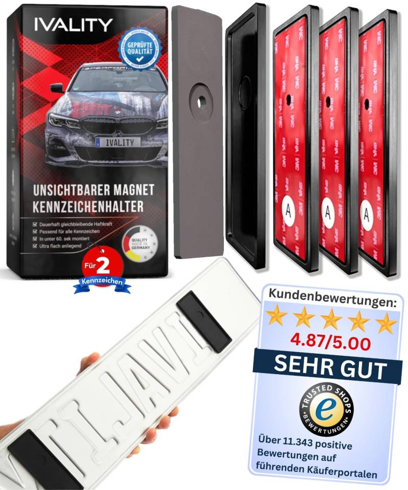 IVALITY® Magnet Kennzeichenhalter Rahmenlos für 2 Kennzeichen | Magnetische Nummernschildhalterung Auto | Kennzeichenhalterung Nummernschildhalter | Österreich Wechselkennzeichen von Ivality