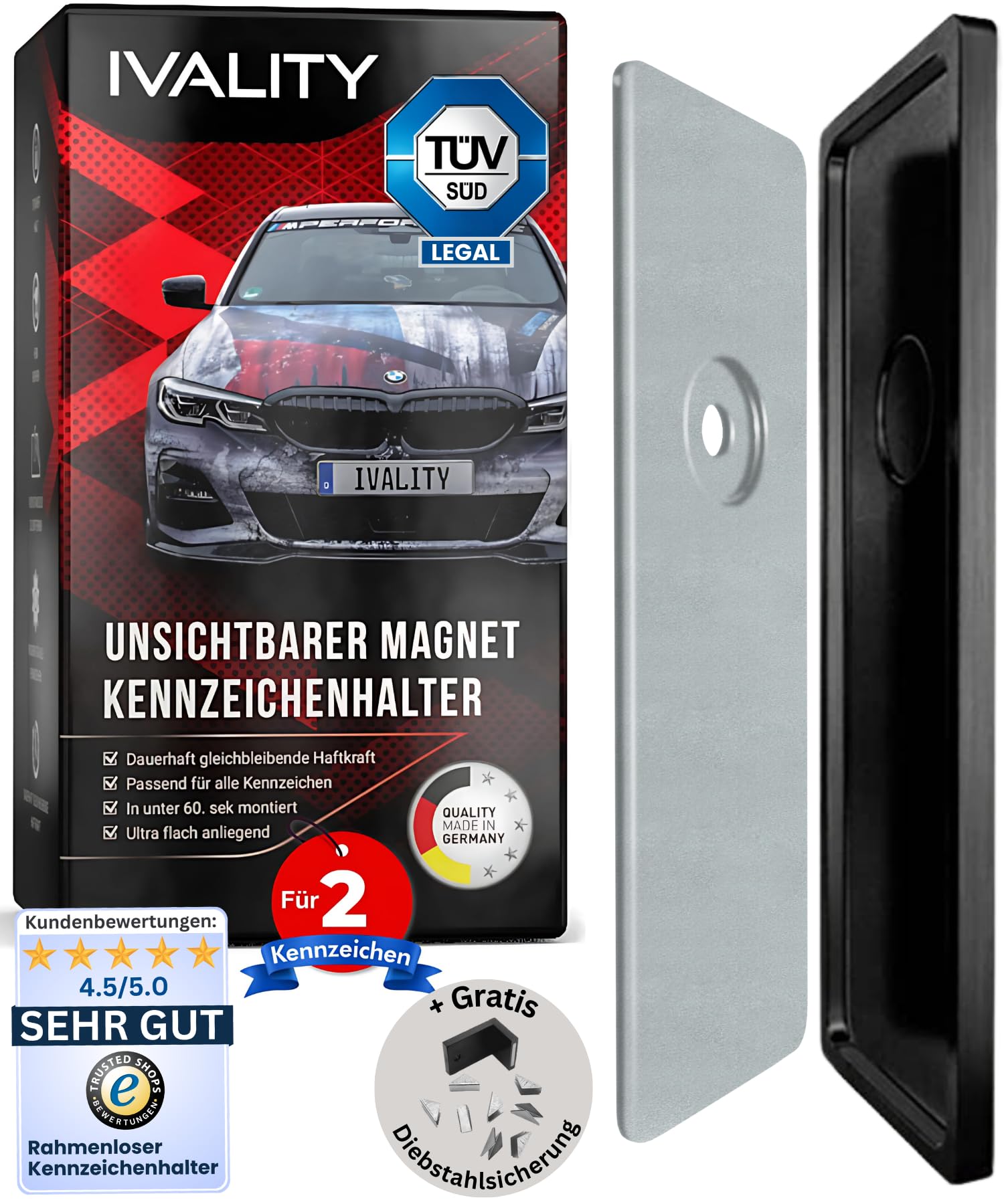 IVALITY® Magnet Kennzeichenhalter Rahmenlos für 2 Kennzeichen | Magnetische Nummernschildhalterung Auto | Kennzeichenhalterung Nummernschildhalter | Österreich Wechselkennzeichen von Ivality