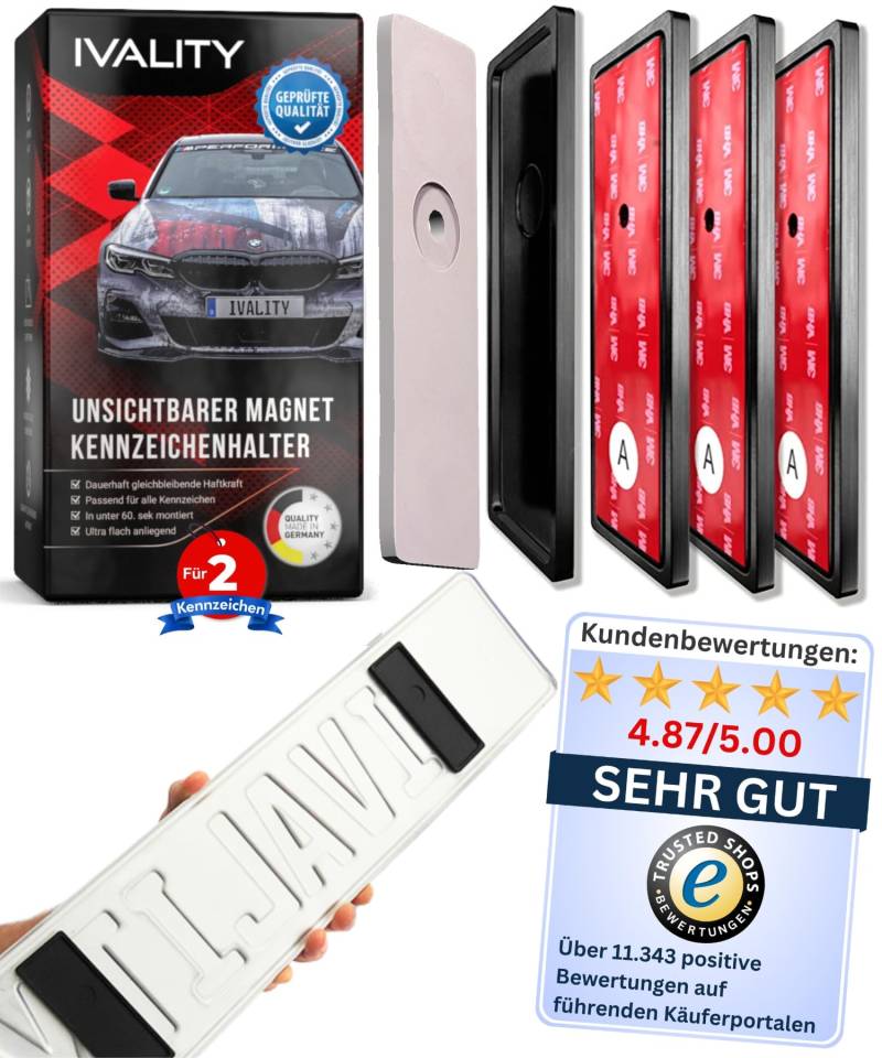 Ivality® Magnet Kennzeichenhalter Rahmenlos für 2 Kennzeichen | Magnetische Nummernschildhalterung Auto | Kennzeichenhalterung Nummernschildhalter | Österreich Wechselkennzeichen von Ivality