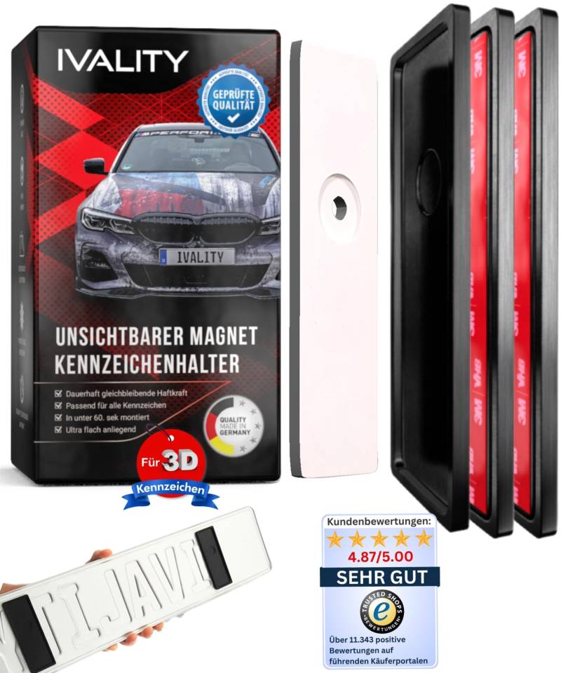 IVALITY Magnetischer Kennzeichen-Halter - Rahmenloser Magnet-Halter für 1x 3D-Kennzeichen - Nummernschild-Halterung - Wechselkennzeichen Auto-Zubehör von Ivality