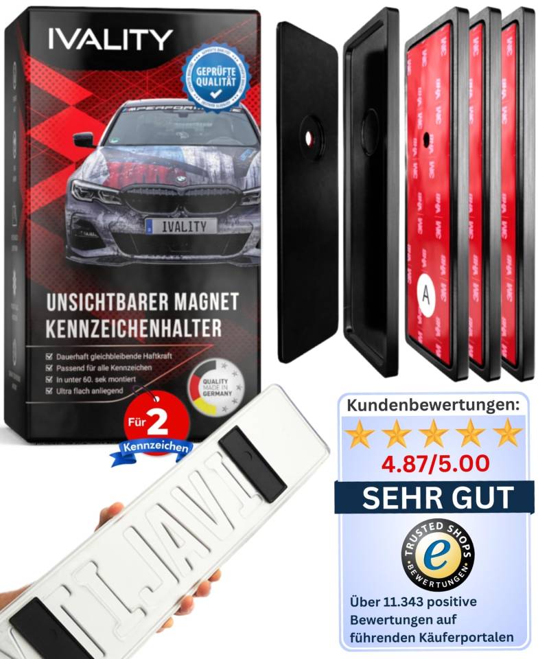 IVALITY® Magnet Kennzeichenhalter Rahmenlos für 2 Kennzeichen | Magnetische Nummernschildhalterung Auto | Kennzeichenhalterung Nummernschildhalter | Österreich Wechselkennzeichen von Ivality