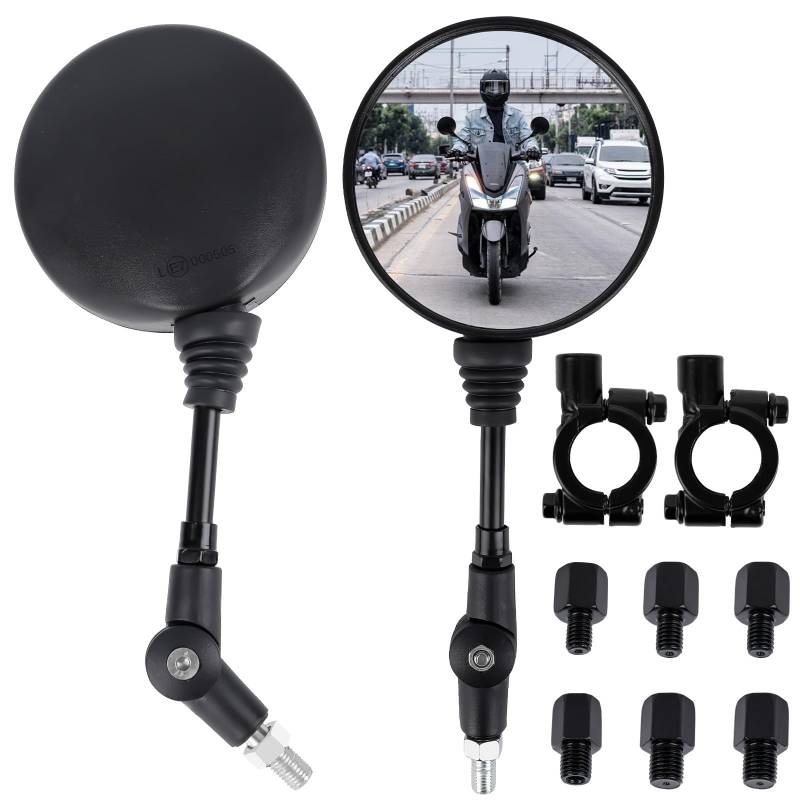 Universal Motorrad Spiegel Set, Rollerspiegel mit M8 M10 Gewinde und Lenkerklemme, Motorrad Rückspiegel 360° Drehbar, Runde Motorradspiegel für Choppers Scooter ATV Moped (Schwarz) von JABNOW