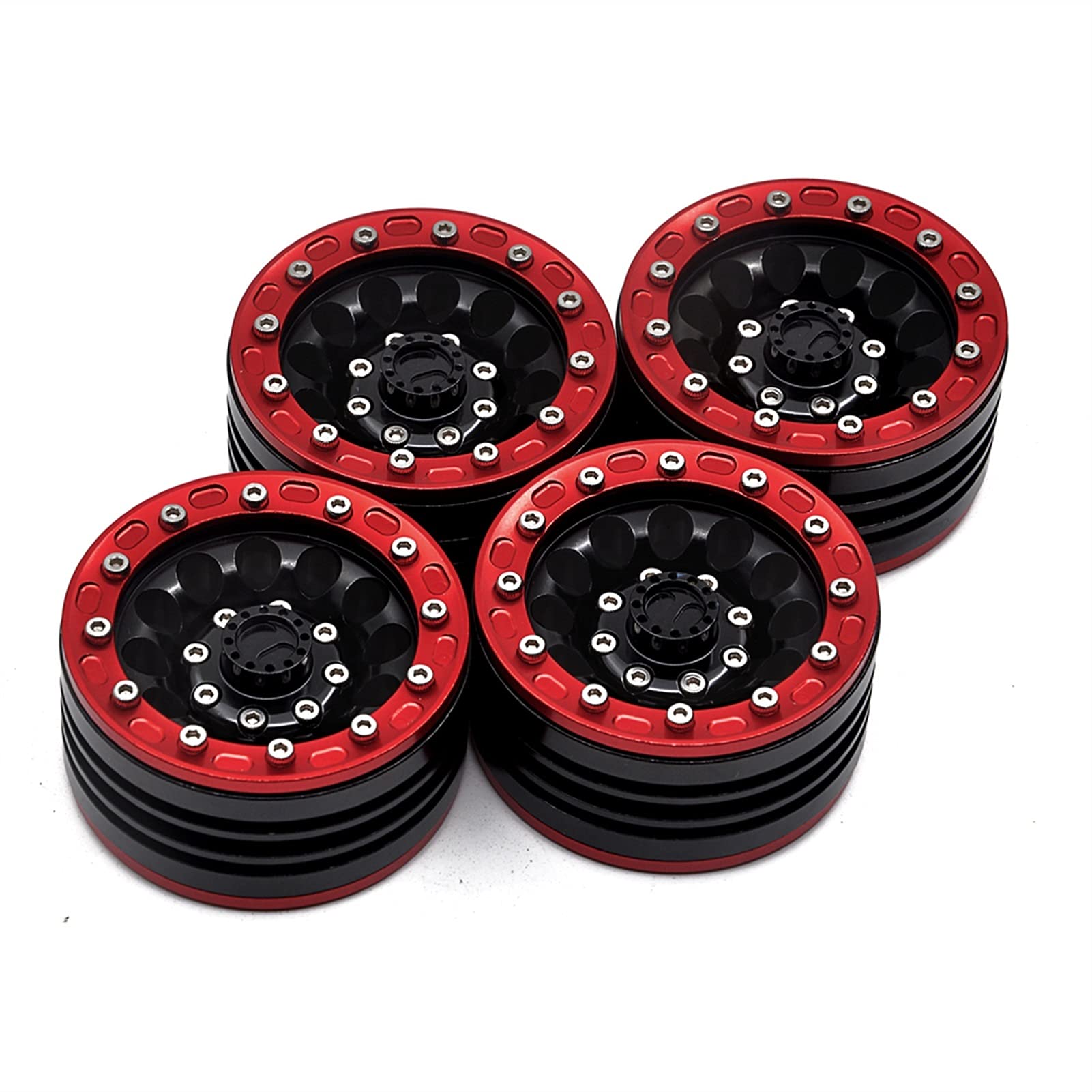 Beadlock-Felgenbeschläge 1,9 Zoll Beadlock-Felgen, Radnaben aus legiertem Metall for 1/10 AXIAL SCX10 CC01 D90 RC Rock Crawler(Red Black 4PCS) von JAFYLO