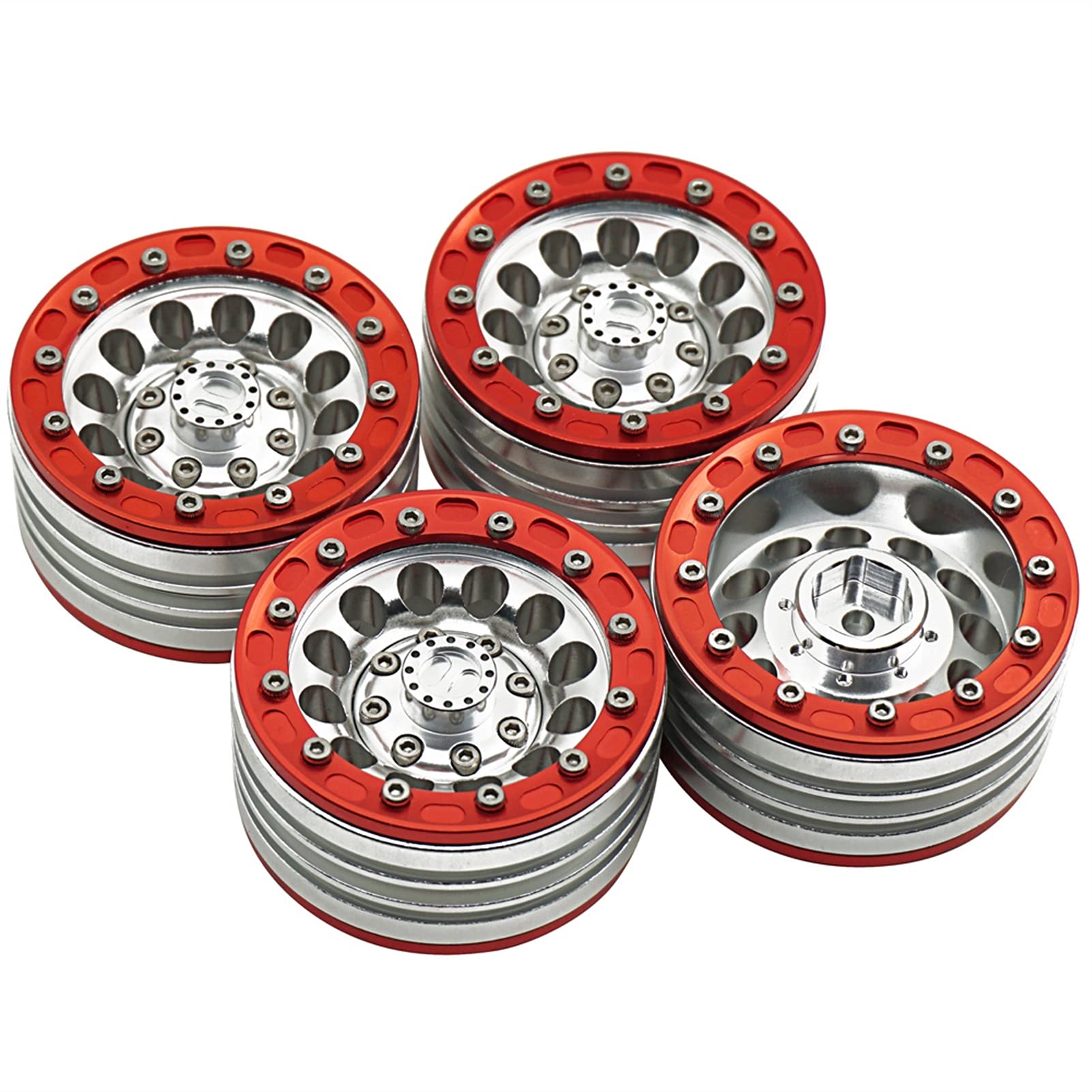 Beadlock-Felgenbeschläge 1,9 Zoll Beadlock-Felgen, Radnaben aus legiertem Metall for 1/10 AXIAL SCX10 CC01 D90 RC Rock Crawler(Red Sliver 4PCS) von JAFYLO