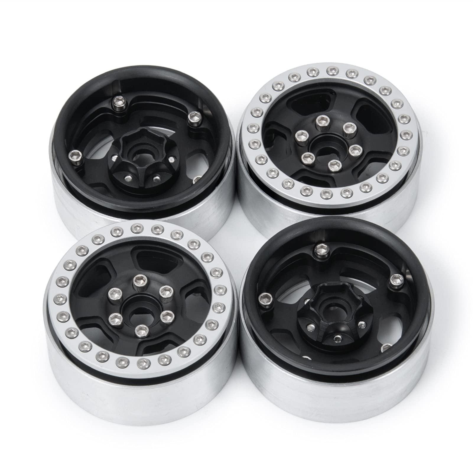 Beadlock-Felgenbeschläge 1,9 Zoll RC Beadlock Räder Felgen Legierung Metall Räder Naben 1:10 Axial SCX10 CC01 F350 D90 90034 RC Rock Crawler(Black Silver 4pcs) von JAFYLO