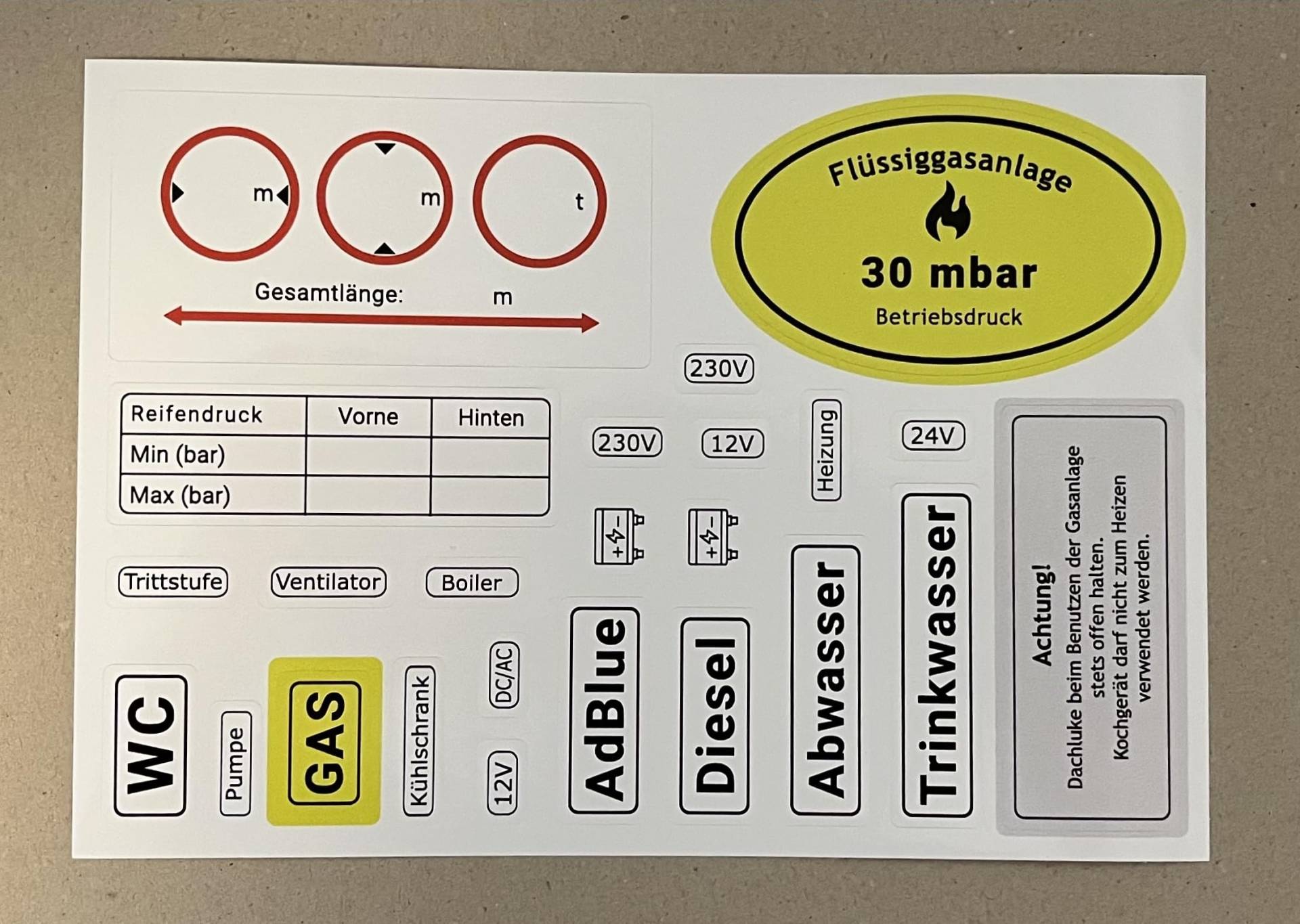 JANSTAHL Wohnmobil Aufkleber Set Gewicht Höhe Breite Reifendruck Gas G 607 Trennschalter von JANSTAHL