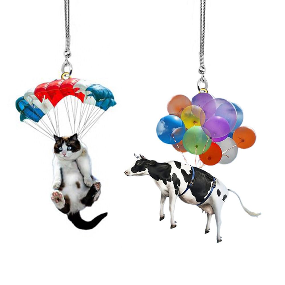 2 Pack Nette Katze Rückspiegel Ornament, Katze Auto Hängen Anhänger mit Bunte Ballon, Katze Hängende Anhänger Ornament Auto Dekoration Rückspiegel Anhänger Auto Innendekoration Styling Zubehör von JAWSEU