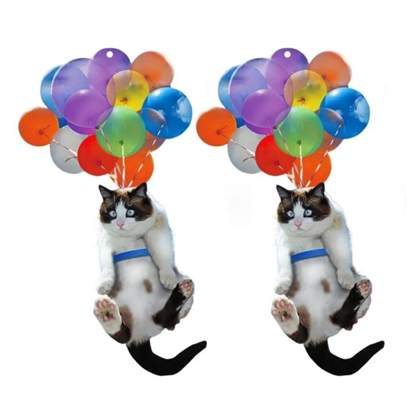 2 Pack Nette Katze Rückspiegel Ornament, Katze Auto Hängen Anhänger mit Bunte Ballon, Katze Hängende Anhänger Ornament Auto Dekoration Rückspiegel Anhänger Auto Innendekoration Styling Zubehör von JAWSEU