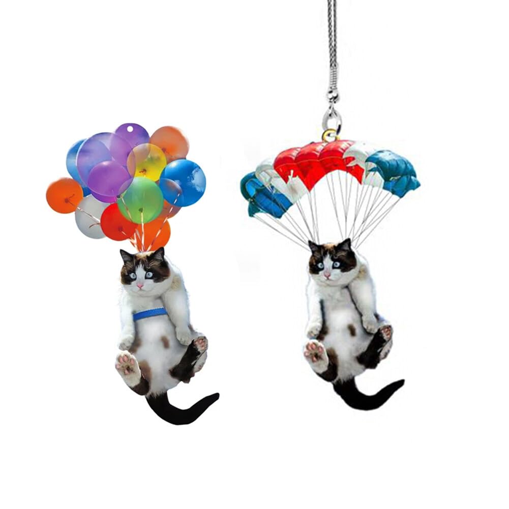 2 Pack Nette Katze Rückspiegel Ornament, Katze Auto Hängen Anhänger mit Bunte Ballon, Katze Hängende Anhänger Ornament Auto Dekoration Rückspiegel Anhänger Auto Innendekoration Styling Zubehör von JAWSEU