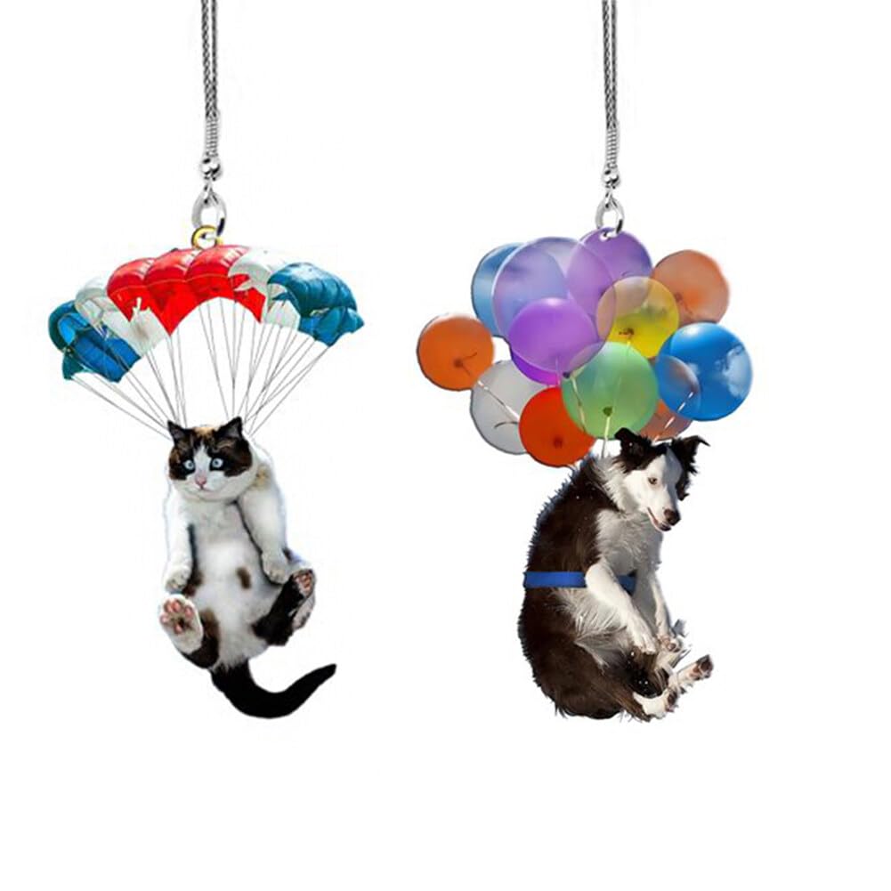 2 Pack Nette Katze Rückspiegel Ornament, Katze Auto Hängen Anhänger mit Bunte Ballon, Katze Hängende Anhänger Ornament Auto Dekoration Rückspiegel Anhänger Auto Innendekoration Styling Zubehör von JAWSEU