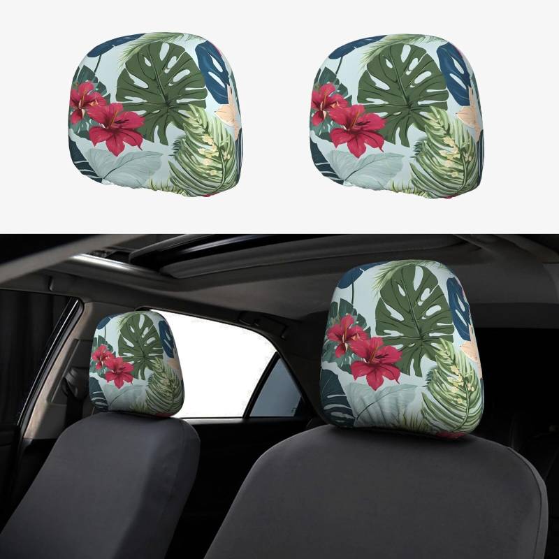 JAYWIS (Hojas Tropical y Flores) 2 Stück Auto Kopfstützenbezüge – weiches Stretch-Polyester – einfache Installation, schützt vor Flecken/Staub/Geschenk/Hochzeit von JAYWIS