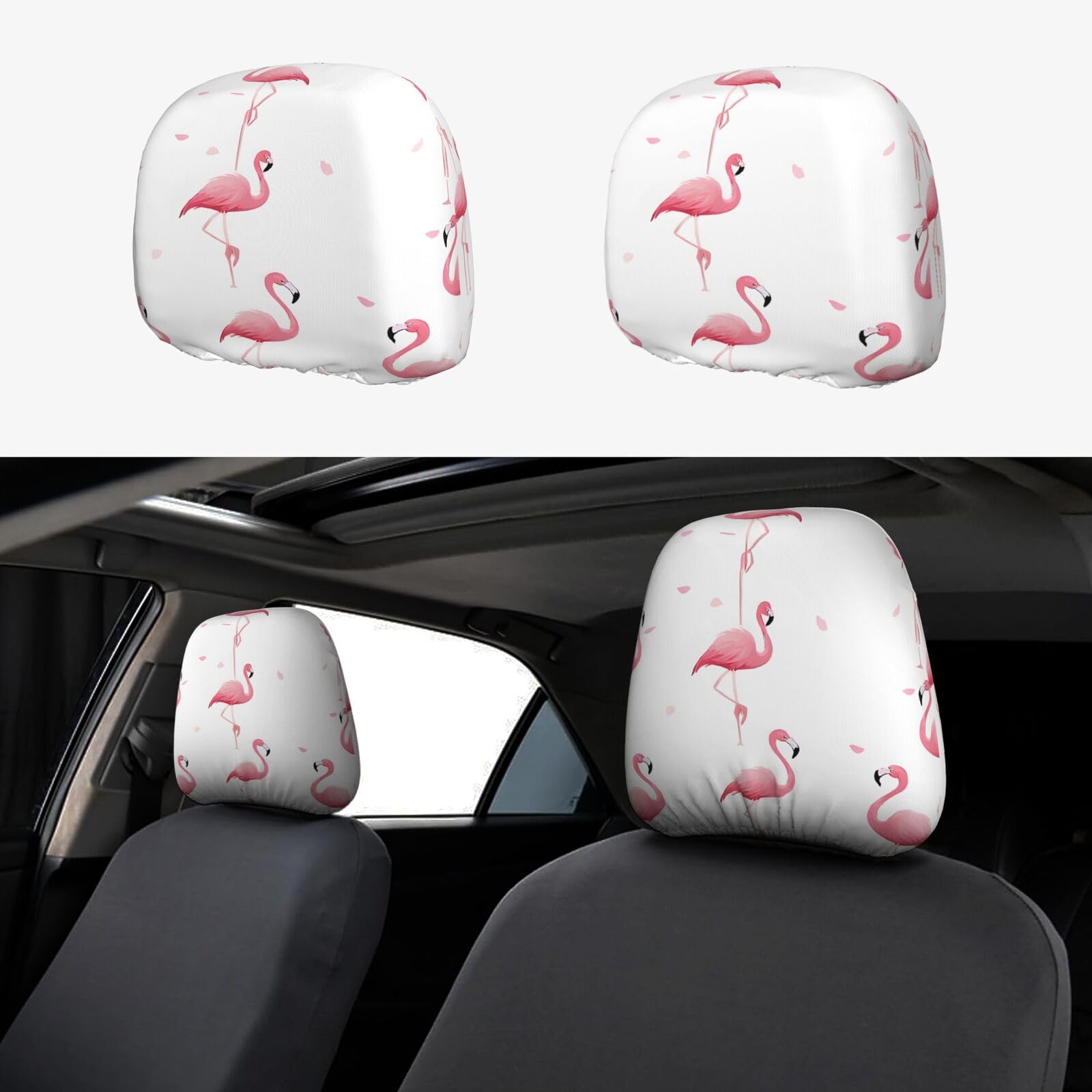 JAYWIS Auto-Kopfstützenbezüge (Flamingos auf Weiß), weiches dehnbares Polyester, einfache Installation, schützt vor Flecken, Staub, Geschenk, Hochzeit, 2 Stück von JAYWIS