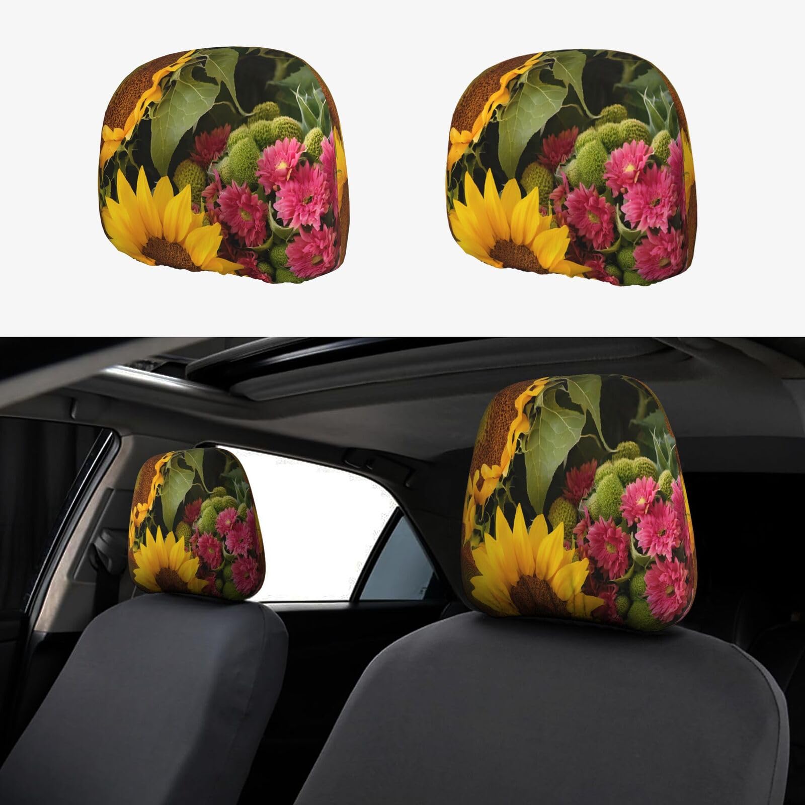 JAYWIS Auto-Kopfstützenbezüge (gelbe Sonnenblumen), weiches dehnbares Polyester, einfache Installation, schützt vor Flecken, Staub, Geschenk, Hochzeit, 2 Stück von JAYWIS