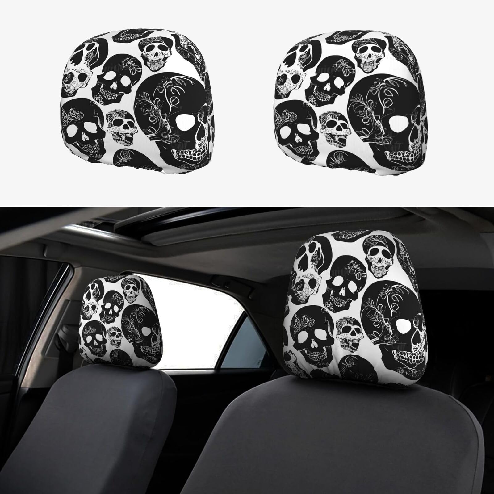 JAYWIS Auto-Kopfstützenbezüge (schwarzer Totenkopf), weiches dehnbares Polyester, einfache Installation, schützt vor Flecken, Staub, Geschenk, Hochzeit, 2 Stück von JAYWIS