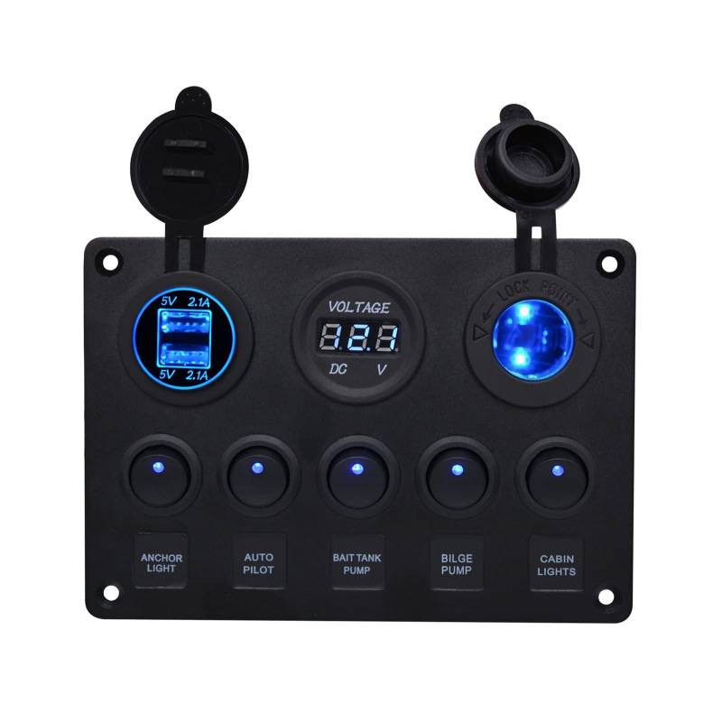 JCVHVOPOK 6 Gang Rocker Switch Panel Laser geätzter Schalttafelwasserdose Wasserdichte Lichtstangenschalterwechselplatte for Zigarettenanzünder und Dual USB Schalter und Relais von JCVHVOPOK