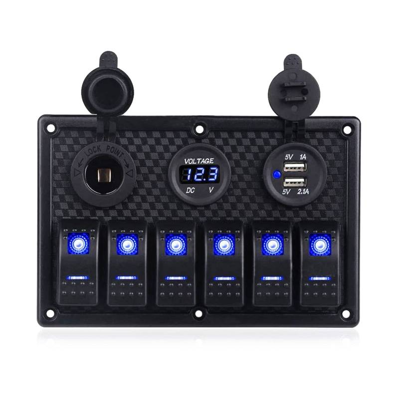 JCVHVOPOK Boot Switch Panel Auto Switch Panel wasserdichte Digitalvoltmeter Doppel USB Port 12V Outlet Kombination Meer LED Rocker 6 Gang Schalter und Relais(Blue) von JCVHVOPOK