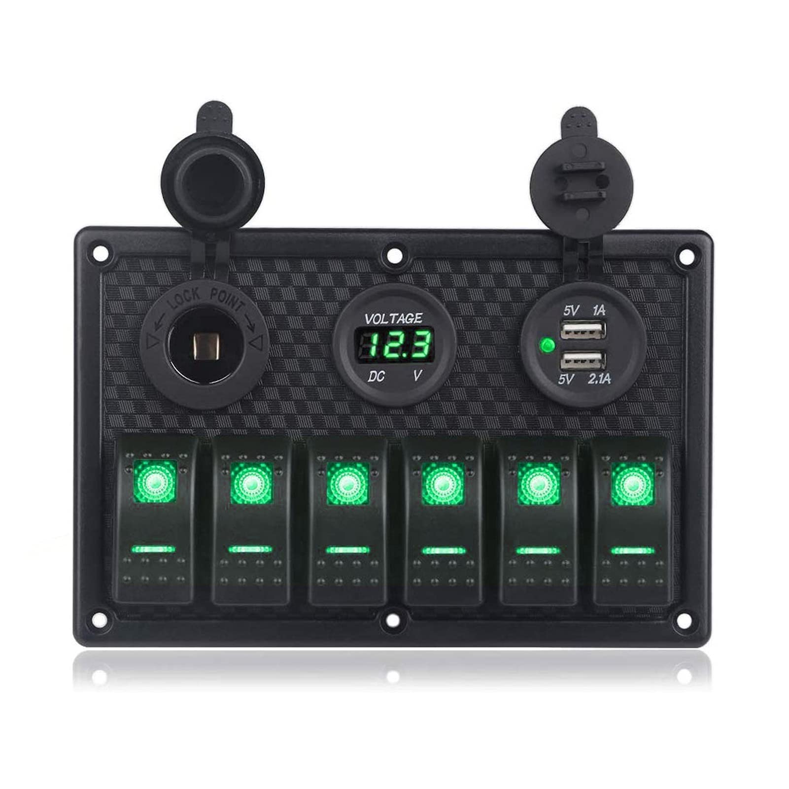 JCVHVOPOK Boot Switch Panel Auto Switch Panel wasserdichte Digitalvoltmeter Doppel USB Port 12V Outlet Kombination Meer LED Rocker 6 Gang Schalter und Relais(Green) von JCVHVOPOK