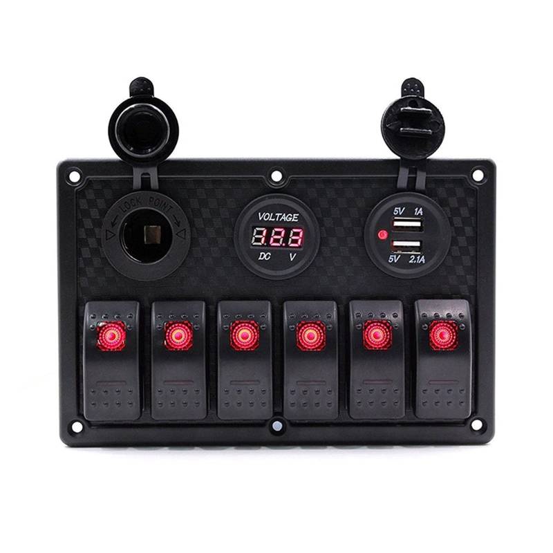 JCVHVOPOK Boot Switch Panel Auto Switch Panel wasserdichte Digitalvoltmeter Doppel USB Port 12V Outlet Kombination Meer LED Rocker 6 Gang Schalter und Relais(Red) von JCVHVOPOK