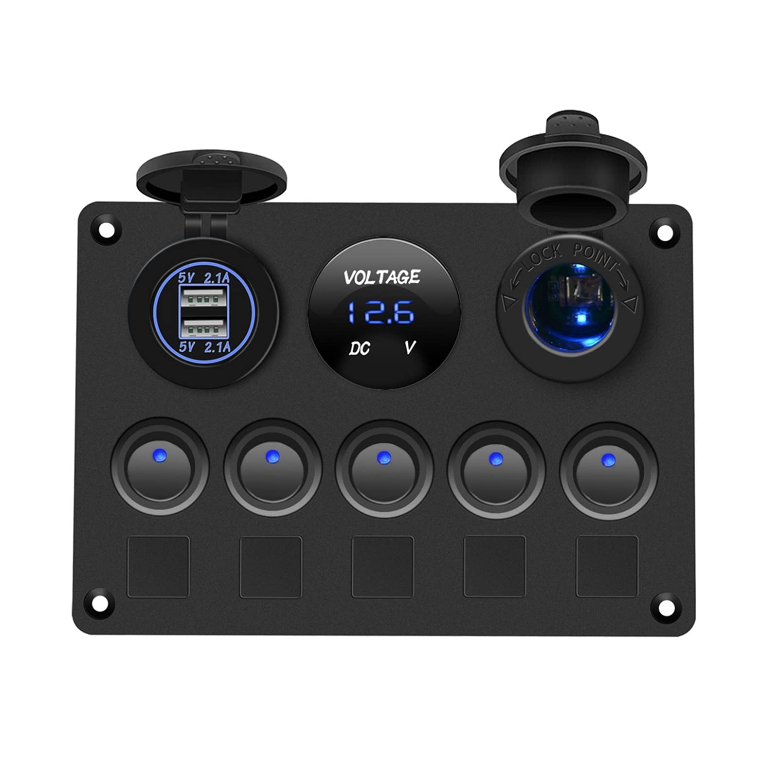 JCVHVOPOK Bootsschalter-Panel-Auto-Schalter-Panel wasserdichtes digitales Voltmeter dual USB Port 12V Auslasskombination marine LED Rocker 5 Gang. Schalter und Relais(Blue) von JCVHVOPOK