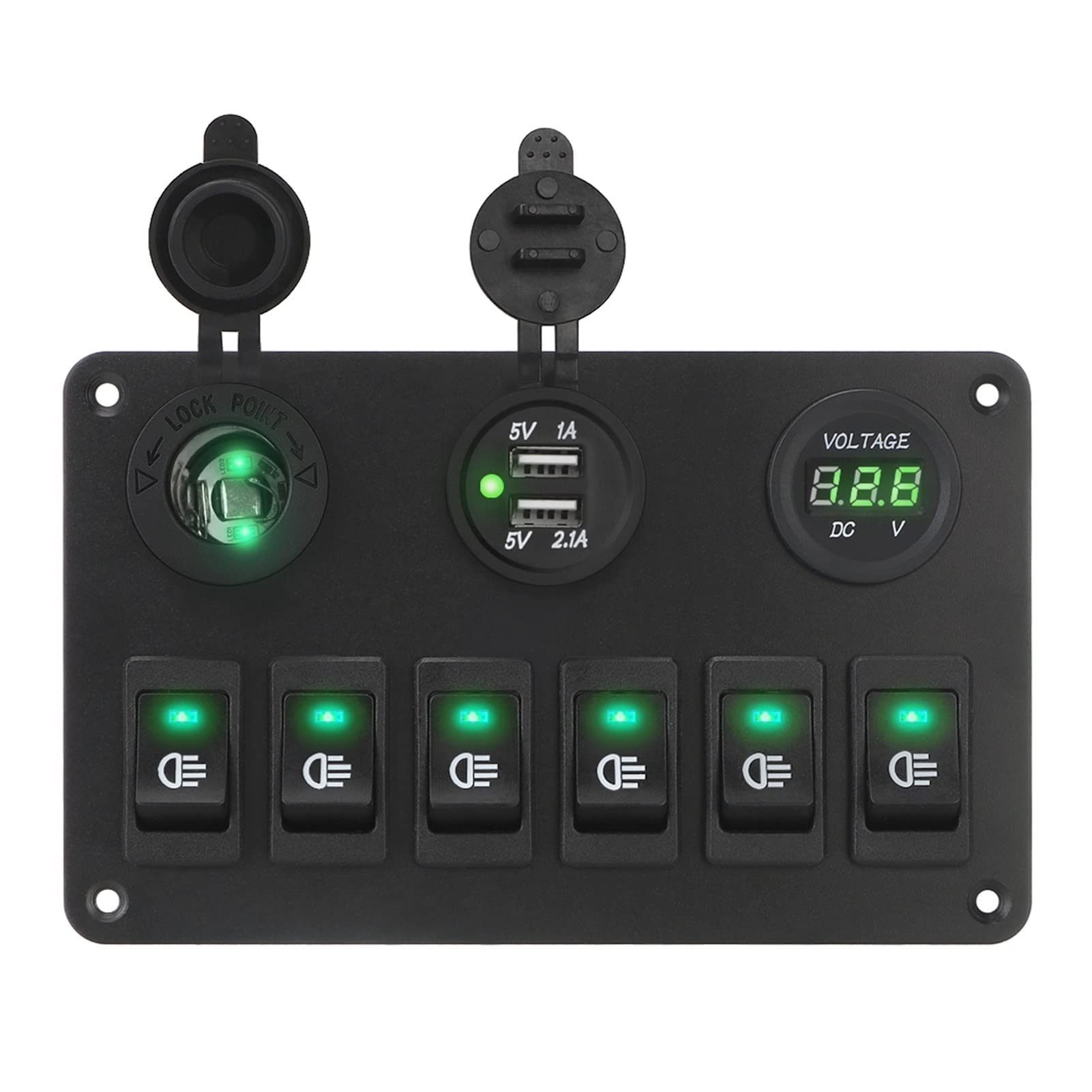 JCVHVOPOK DC 12V / 24V 6/2 Gang Rocker Switch Panel wasserdicht dual USB Häfen LED Digital-Voltmeter-Leistungsschalter AN AUS Leuchtet auto marine Schalter und Relais(Green) von JCVHVOPOK