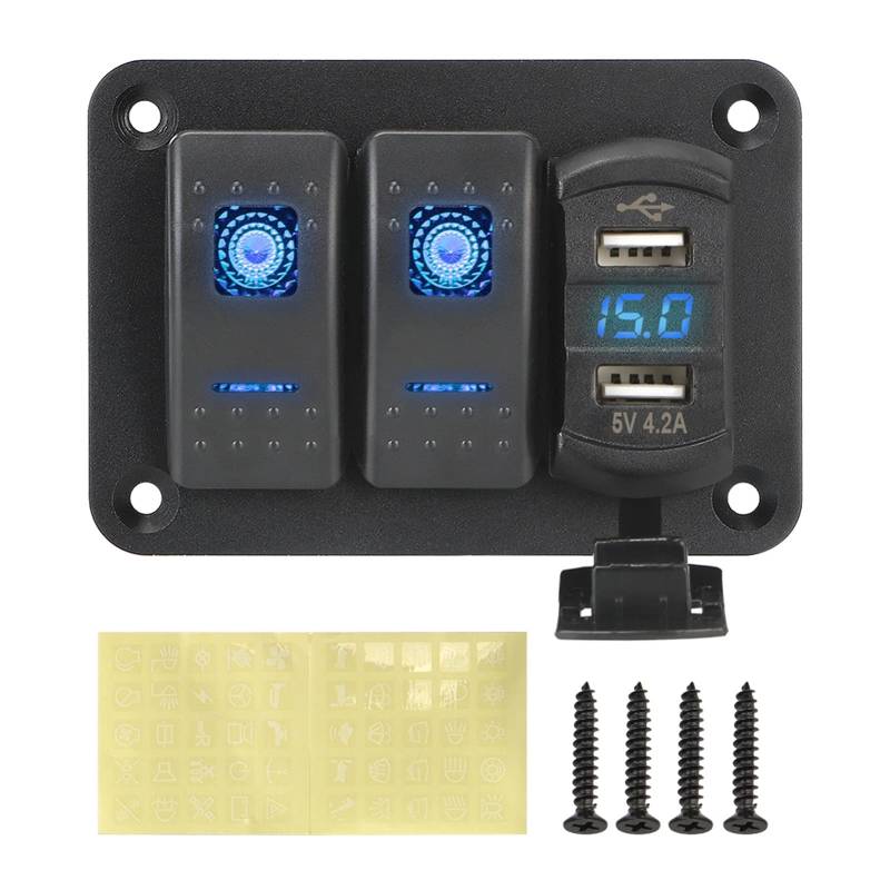 JCVHVOPOK DC 12V / 24V 6/2 Gang Rocker Switch Panel wasserdicht dual USB Häfen LED Digital-Voltmeter-Leistungsschalter AN AUS Leuchtet auto marine Schalter und Relais(Yellow) von JCVHVOPOK