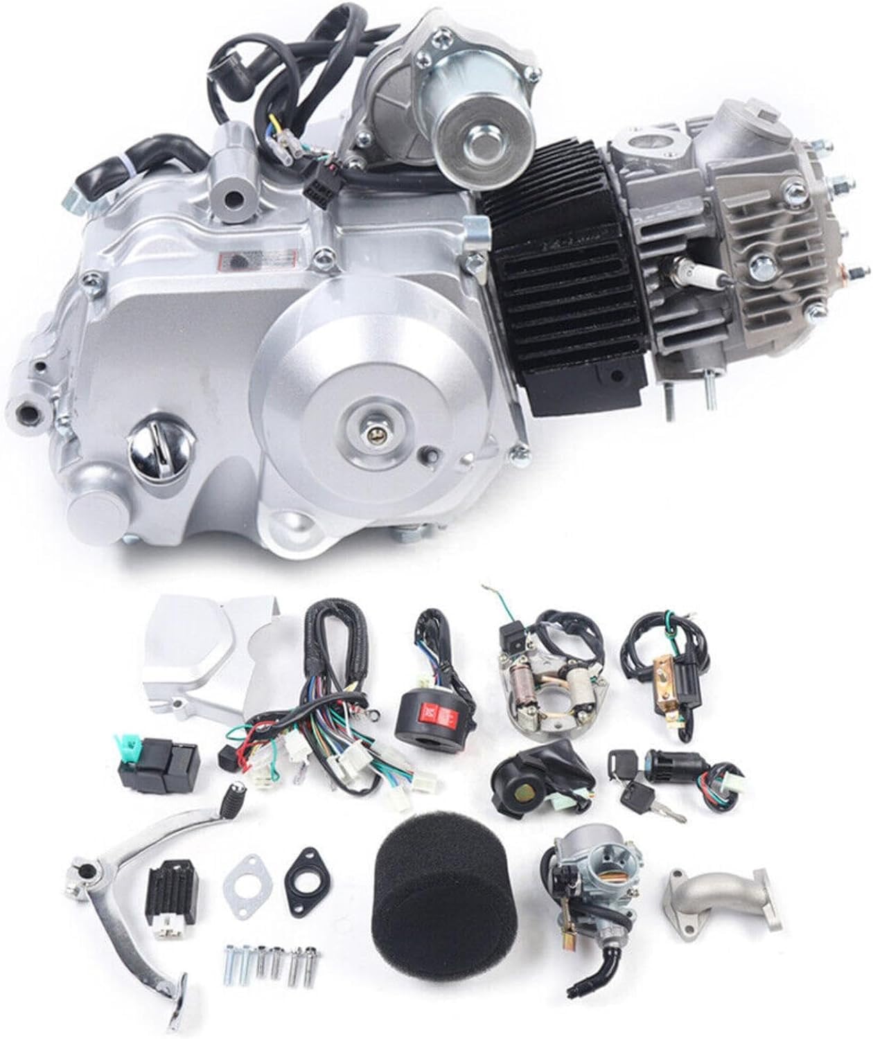 125cc ATV Motor 4 Takt Motor Halbautomatisch Go Kart Motor Einzylinder Motor Luftgekühlt Elektrischer Start mit Verkabelung + Luftfilter + Kettenkasten für Pitbike, Dirtbike, Buggy von JDBDU