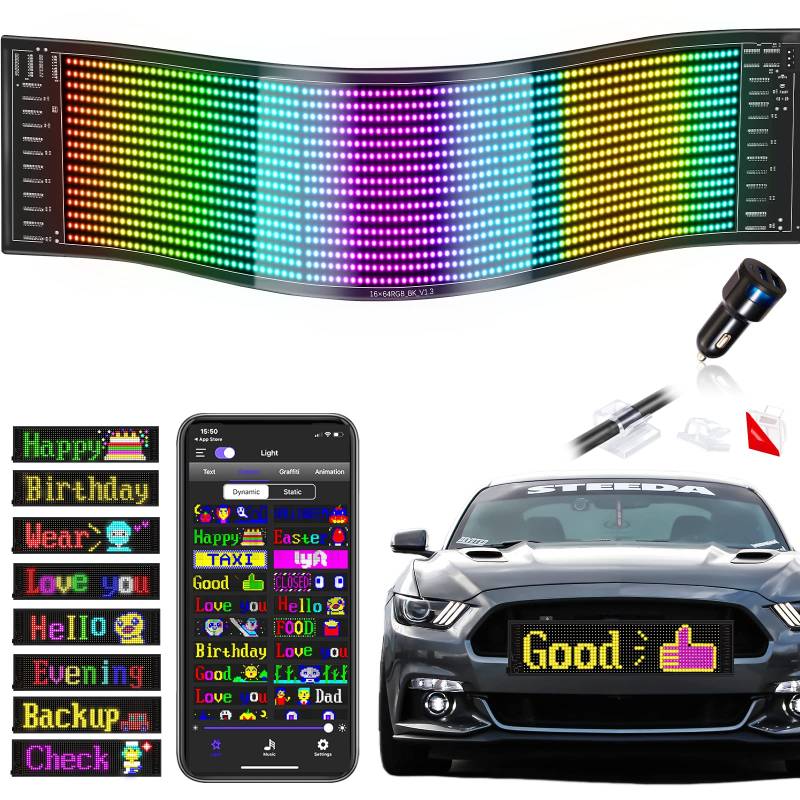 JDVOOTD Flexibler LED Anzeigetafel, 37 x 9.2cm LED Namensschild Programmierbar, Bluetooth Smart App Led RGB Panel für Spielzimmer, Party, Werbetafel, Auto, LKW, Bar, Geschenk von JDVOOTD