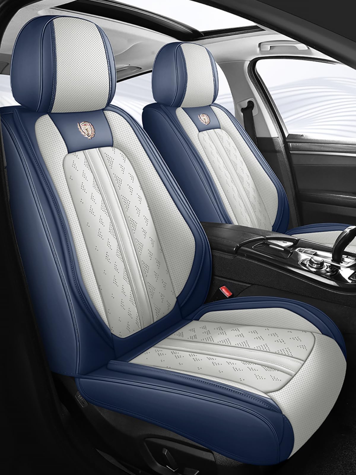 JDWBT Leder SitzbezüGe Auto Vorne und Hinten, Universal AutositzbezüGe Komplett Set, Sitzschoner Auto für Limousine/SUV/Pickup/Vans, Car Seat Cover (Blau weiß) von JDWBT