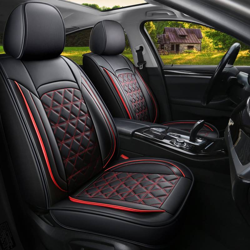 JDWBT Luxus Autositzbezüge Kunstleder Komplettset, Sitzbezüge Auto Universal, Auto sitzbezüge Kompatibler Airbag, Auto sitzbezüge Für Die Meisten Limousinen,SUV(Schwarz Rot, Full Set) von JDWBT