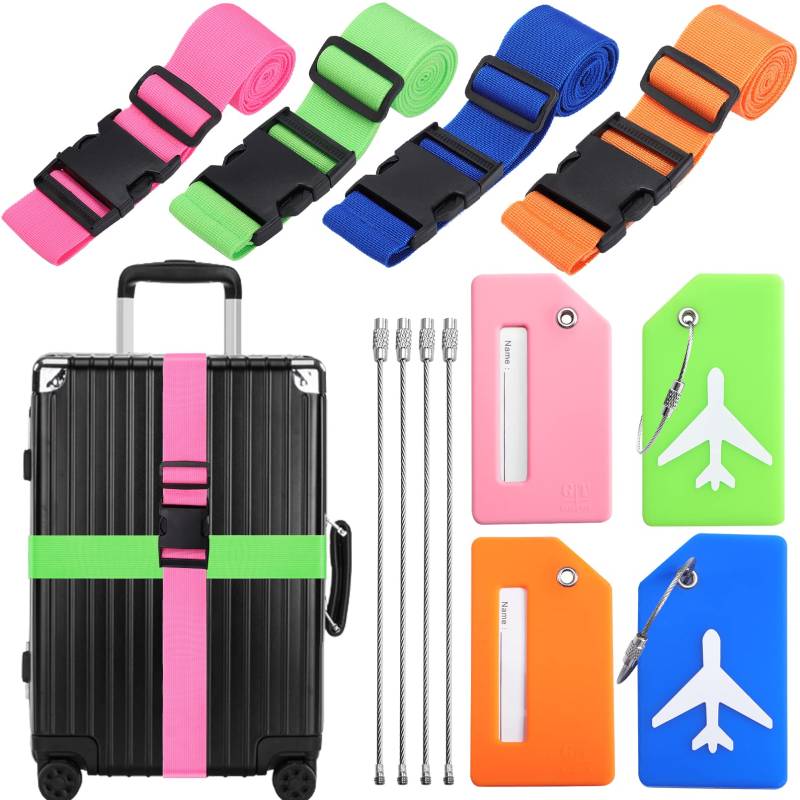 Koffergurt Kofferband Set,4 Stück Einstellbare Gepäckgurt Gepäckband Sicher Reisen,4 Silikon Kofferanhänger Gepäckanhänger mit Adressschild,Kofferband Gurt,Kofferbänder Luggage Strap (Mehrfarbig) von JEFFOUOO