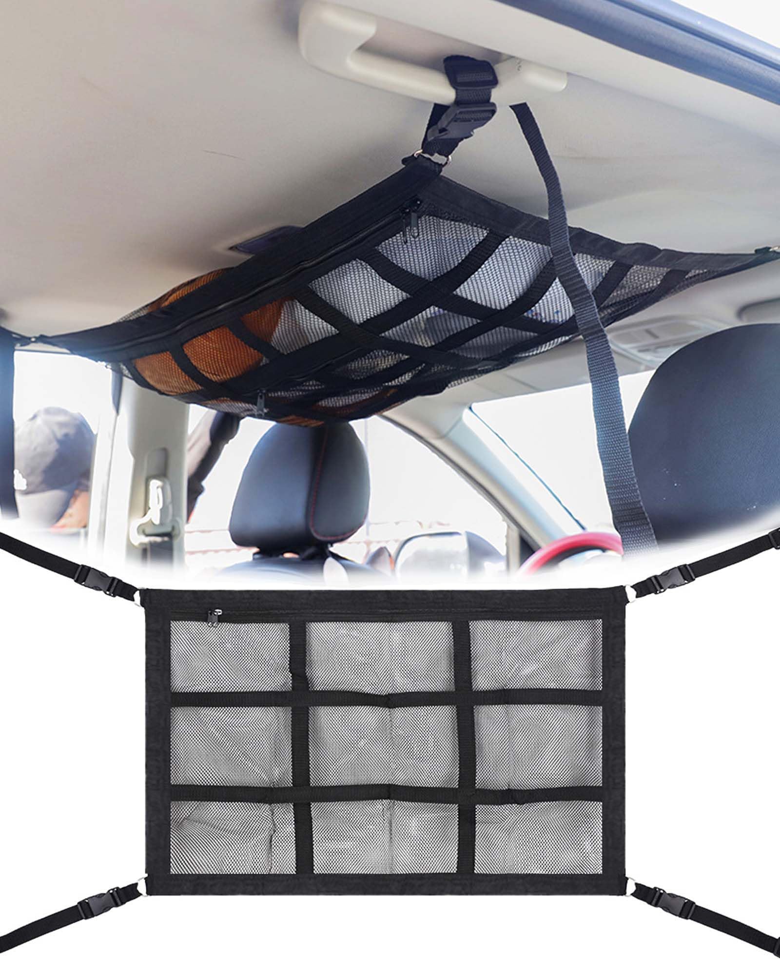 JEJA Gepäcknetz Auto, gepäcknetz wohnmobil für Aufbewahrung, Universal Autodach Gepäcknetz Decke, Netztasche mit Reißverschluss 90x65cm von JEJA