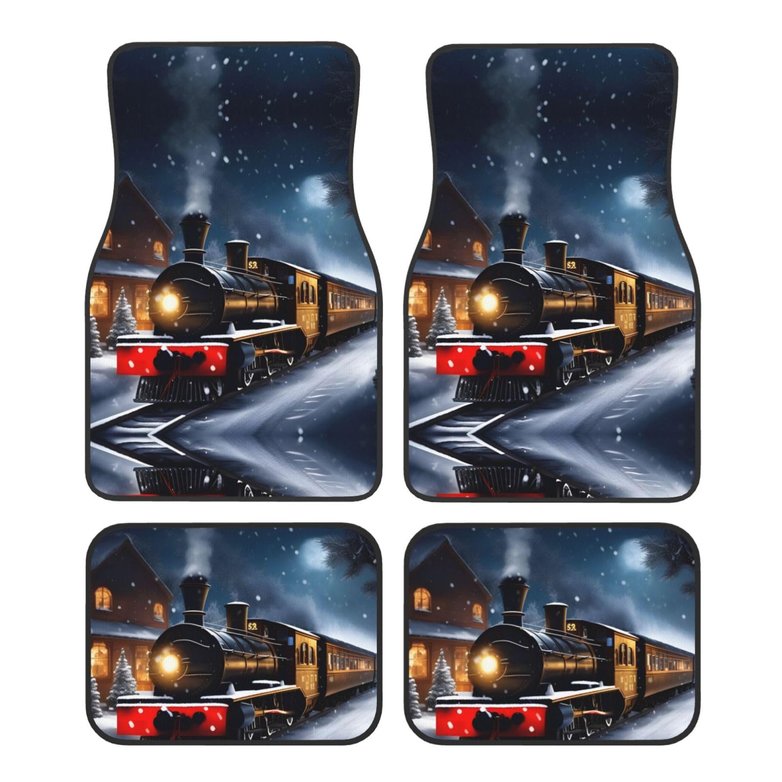 Autoteppich-Set für Winter, Weihnachten, Schnee, Nacht, Eisenbahn, Zug, Druck, Premium-Qualität, Teppich, Fahrzeug-Fußmatten für Autos, Autozubehör von JEJEA