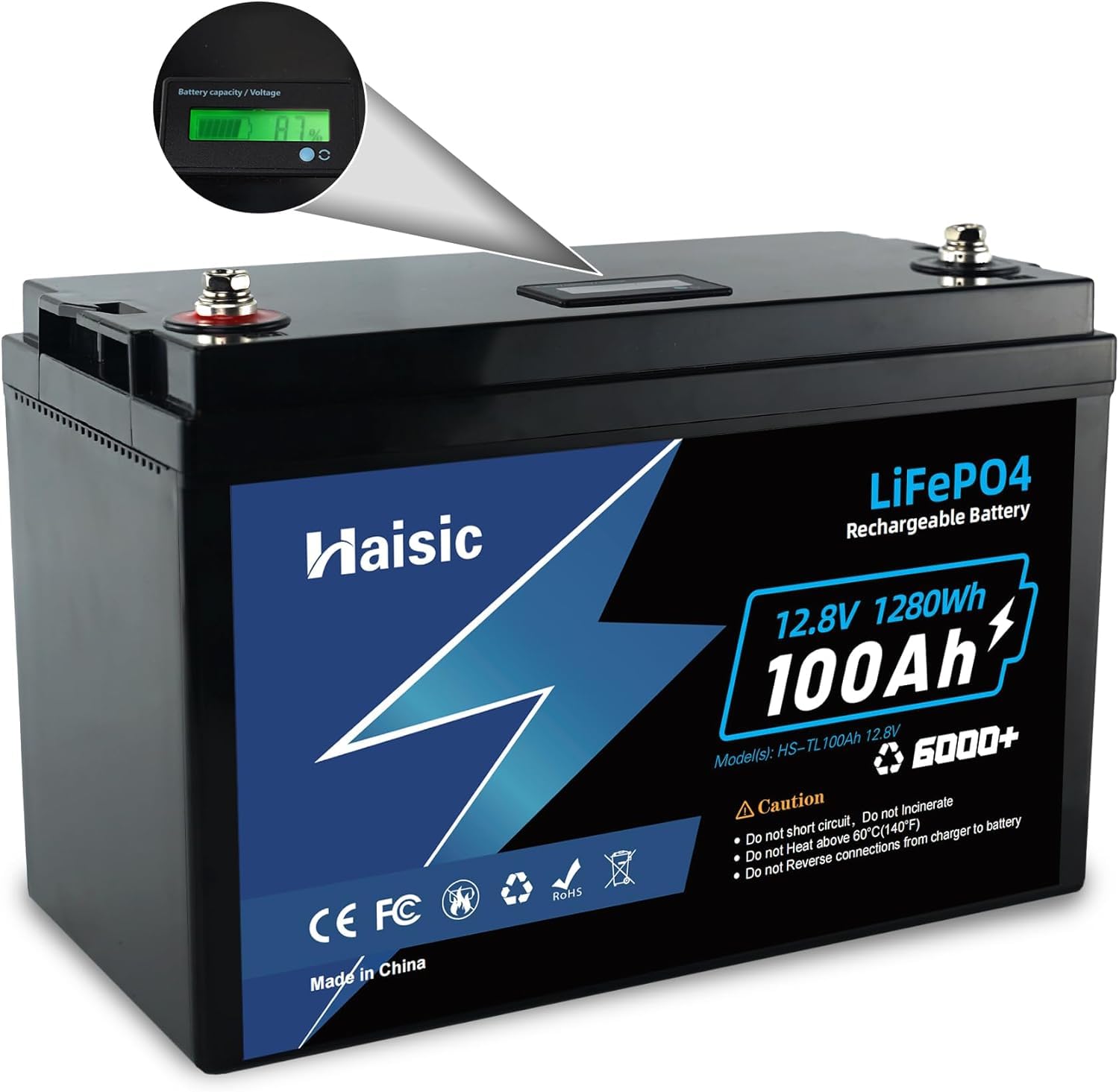 LiFePO4 Batterie 12V 100Ah, Haisic Lithium Batterie 1280Wh, Eingebaute 100A BMS, 6000+ Zyklus Tiefzyklus, Perfekt für Camping, Wohnwagen, Solarsysteme, Home Energy Storage, Marine von JEMESI