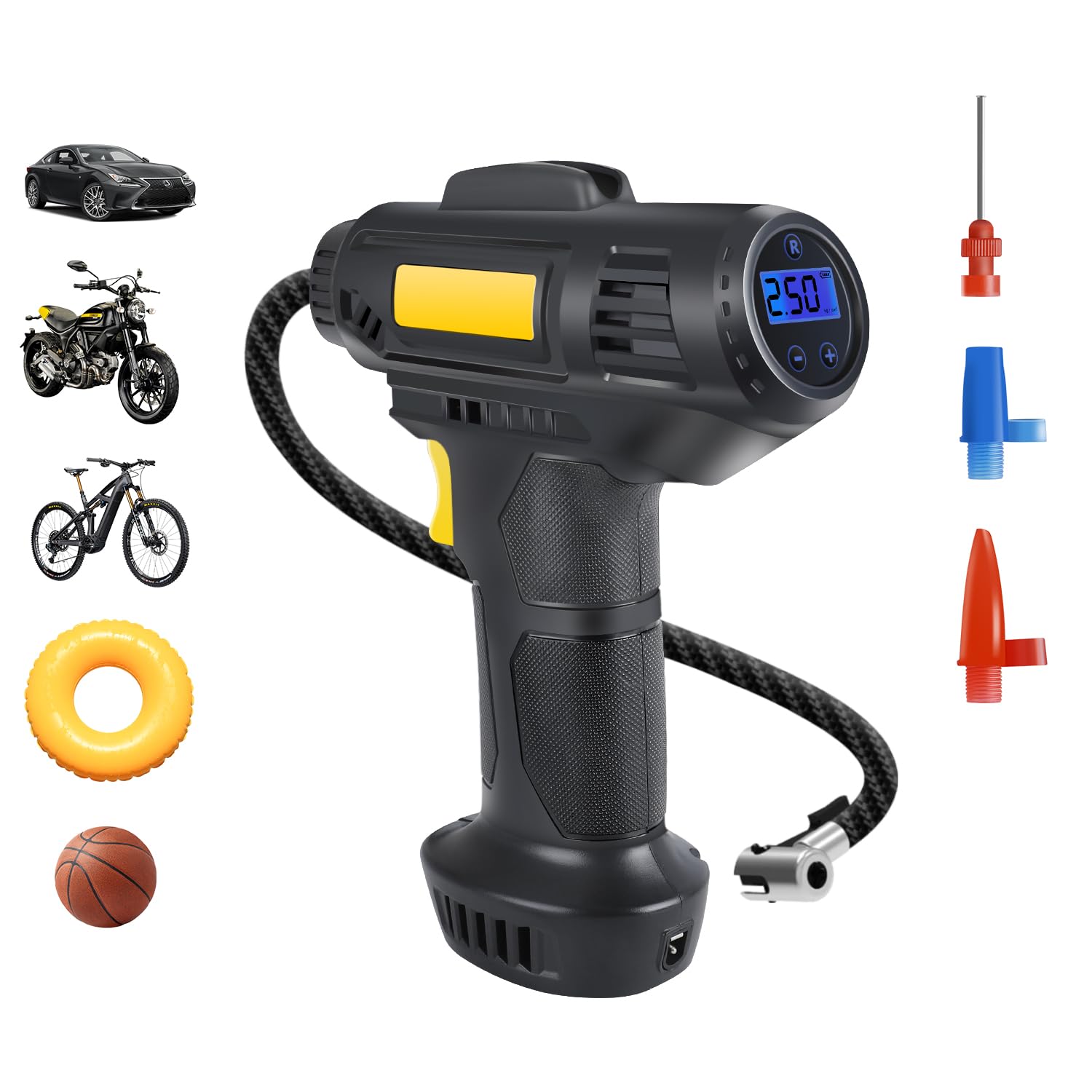 JENABOM Kabelloser Luftkompressor Auto Akku Reifen Inflator Pumpe Autokompressor Auto-Stopp Tragbar Handheld 12V Digitalanzeige für Fahrrad Motorrad Ball 2000 * 2mah von JENABOM