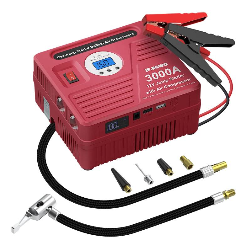 JF.EGWO Starthilfe Powerbank mit Kompressor, 3000A 26800mAh 150PSI 12V Auto Starter (10,0L Benzin und 9,0L Dieselmotoren), Starthilfekabel und Überbrückungskabel, Tragbare USB Ladegerät(ROT) von JF.EGWO