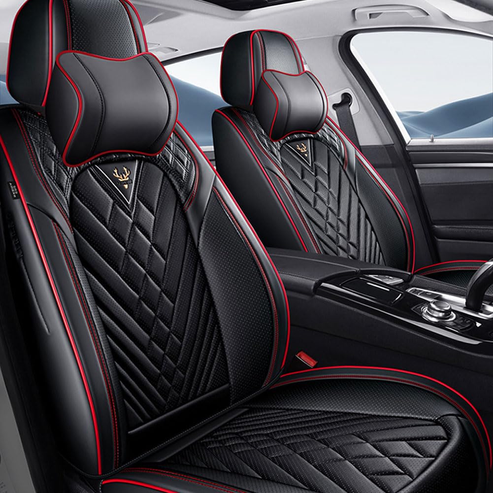 JFENGNB Auto Sitzbezüge Sets für Toyota CHR 2018-2023, Leder Schonbezug Atmungsaktiv Vordersitze und Rückbank Autositzschoner Innenraum Zubehör,B/Luxury(with 2 headrests)-C/Black~red line von JFENGNB