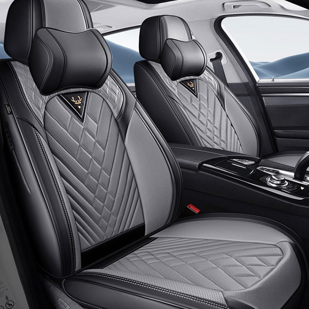 JFENGNB Auto Sitzbezüge Sets für VW Lavida 2018-2023, Leder Schonbezug Atmungsaktiv Vordersitze und Rückbank Autositzschoner Innenraum Zubehör,B/Luxury(with 2 headrests)-A/Black~Gray von JFENGNB