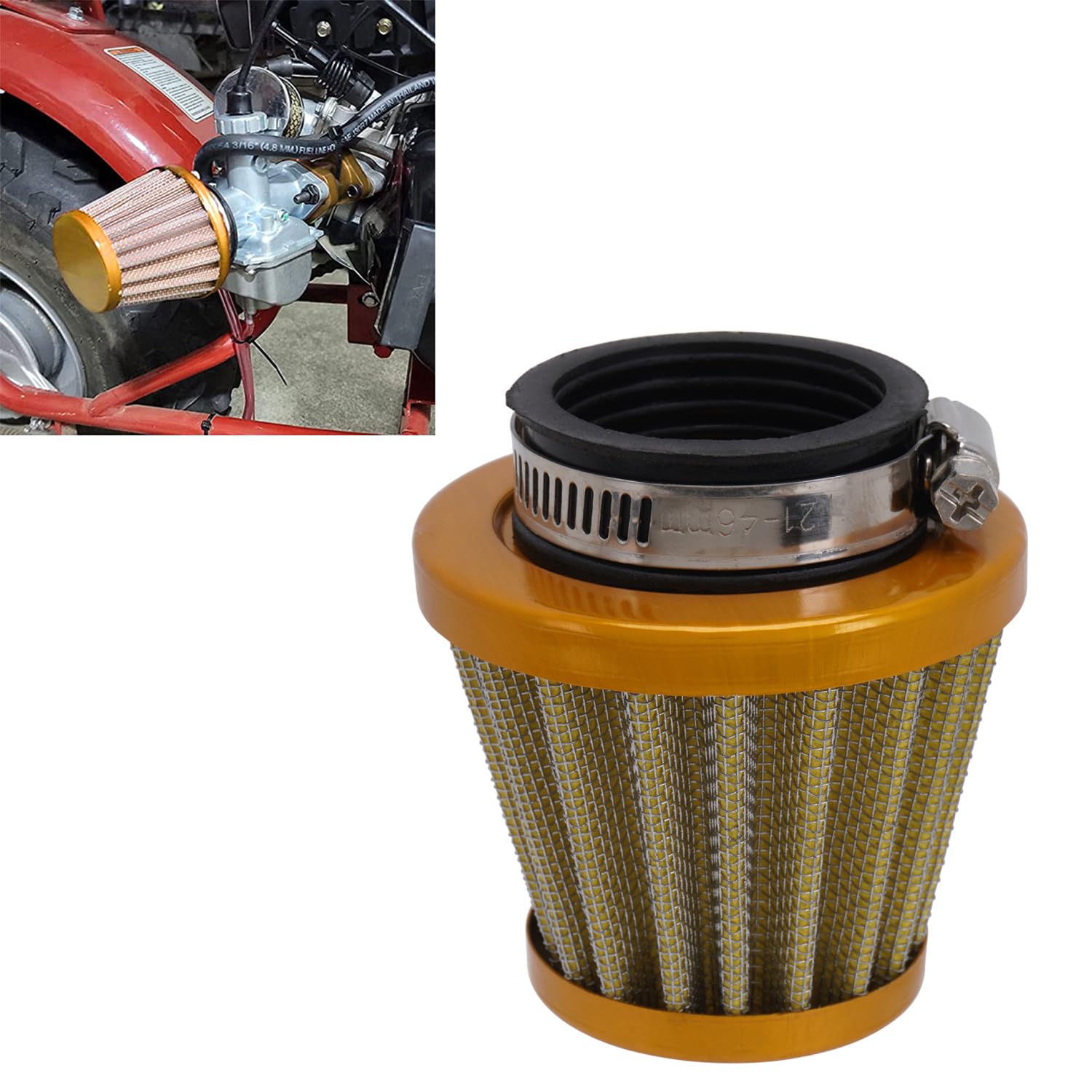 JFG RACING 46 mm Luftfilter,Universal Motorrad Luftfilter Ansaugluftfilter aus Aluminium für Dirt Bike Motocross Pit Bike Roller ATV Vergaserreiniger-Gold von JFG RACING