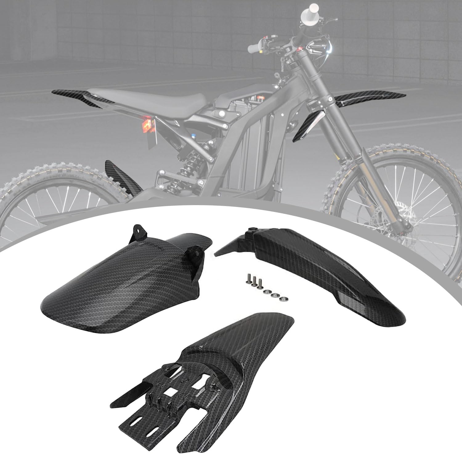 Dirt Bike Kotflügel Set,Schutzblech Vorne+Schutzblech Hinten+Heckpolster Kotflügel, Kunststoffverkleidungsset für Sur Ron S/X Sur-Ron Light Bee Electric Dirt Bike-Karbonfaser Imitat von JFG RACING