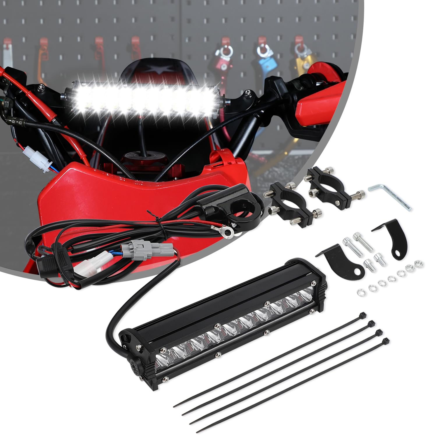 JFG RACING Zweireihige Lichtleiste, 8" 20,3 cm 10–30 V Wasserdicht Off-Road Licht mit Kabelbaum-Set, universell für die meisten 7/8-Zoll-Lenker YZ125 YZ250F WR250F KLX110 CRF110F Dirt Pit Bike von JFG RACING