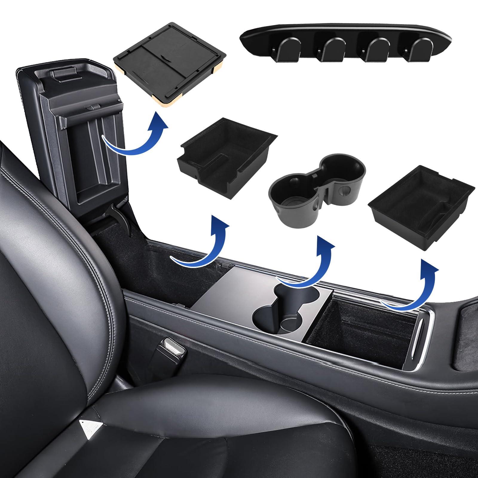 JGMS 5 Pieces Accessories for Tesla Model Y Accessories, for Tesla Model Y 2021-2024 and Model3 2021-2023 Seat Hook Headrest, Organiser, Armrest Storage Box, Hidden Storage Box and Drink Holder von JGMS